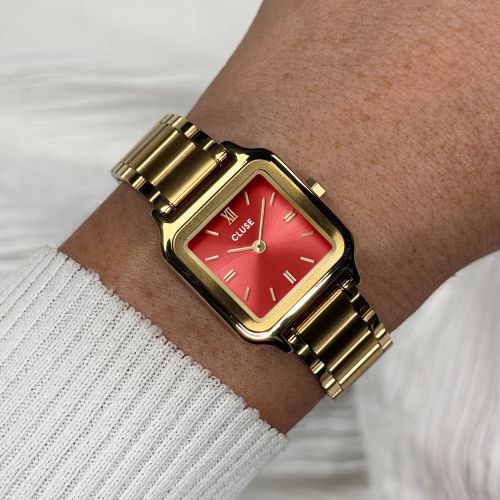 Montre Femme CLUSE Gracieuse Petite Carrée Dorée Cadran Rouge Pastèque Bracelet Acier CW11827