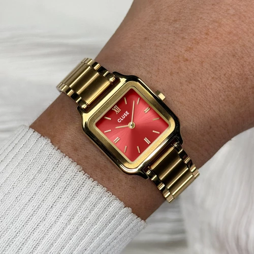 Montre Femme CLUSE Gracieuse Petite Carrée Dorée Cadran Rouge Pastèque Bracelet Acier CW11827