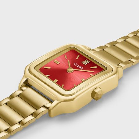 Montre femme cluse gracieuse petite carrée dorée cadran rouge pastèque bracelet acier cw11827 – montres tendances