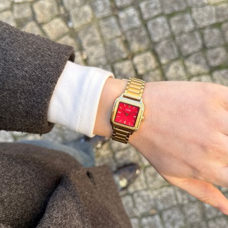 Montre femme cluse gracieuse petite carrée dorée cadran rouge pastèque bracelet acier cw11827 – montres tendances