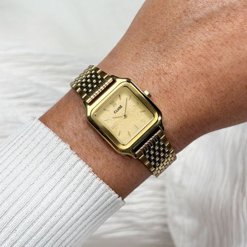Montre Femme CLUSE Gracieuse Petite Carrée Dorée Cadran Texturé Dentelle Bracelet Acier CW11825