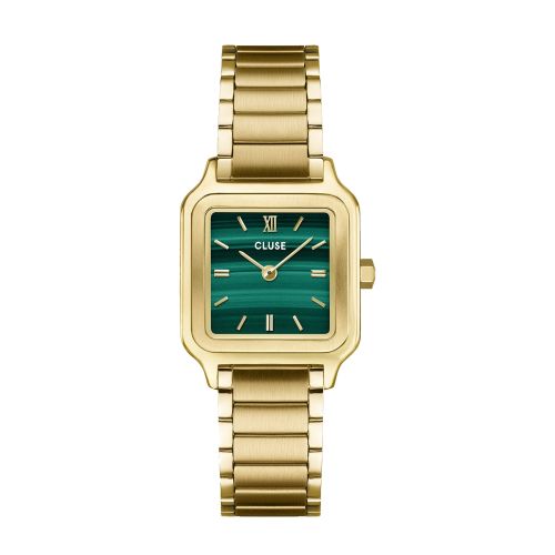 Montre Femme CLUSE Gracieuse Petite Carrée Dorée Cadran Vert Malachite Bracelet Acier CW11828