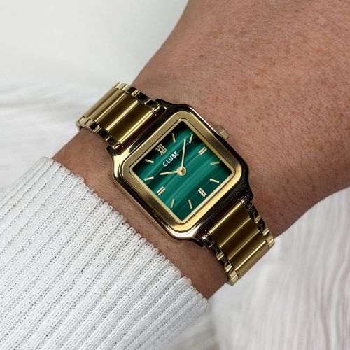 Montre Femme CLUSE Gracieuse Petite Carrée Dorée Cadran Vert Malachite Bracelet Acier CW11828