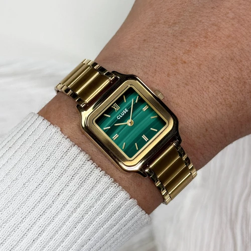 Montre Femme CLUSE Gracieuse Petite Carrée Dorée Cadran Vert Malachite Bracelet Acier CW11828