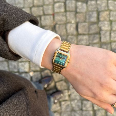 Montre femme cluse gracieuse petite carrée dorée cadran vert malachite bracelet acier cw11828 – montres tendances