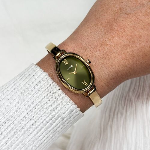 Montre Femme CLUSE L'Ovale Dorée Cadran Vert Olive Bracelet Jonc Acier Fin CW16103