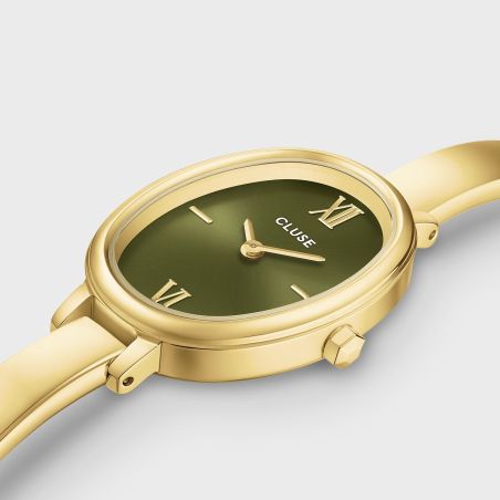 Montre femme cluse l'ovale dorée cadran vert olive bracelet jonc acier fin cw16103 – montres tendances