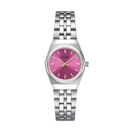 Montre Femme CLUSE Retro 70s Mini Ronde Argentée Cadran Fuchsia Aiguilles Dorées CW16303