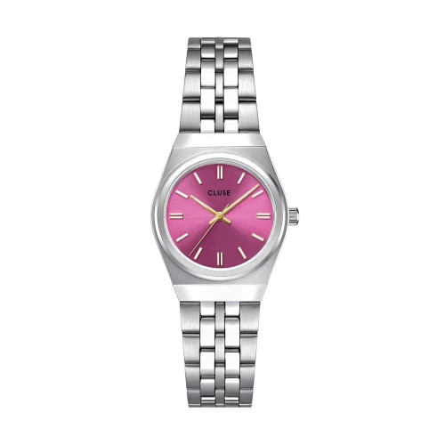 Montre Femme CLUSE Retro 70s Mini Ronde Argentée Cadran Fuchsia Aiguilles Dorées CW16303
