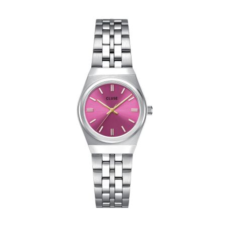 Montre femme cluse retro 70s mini ronde argentée cadran fuchsia aiguilles dorées cw16303 – montres tendances
