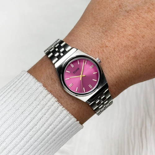 Montre Femme CLUSE Retro 70s Mini Ronde Argentée Cadran Fuchsia Aiguilles Dorées CW16303