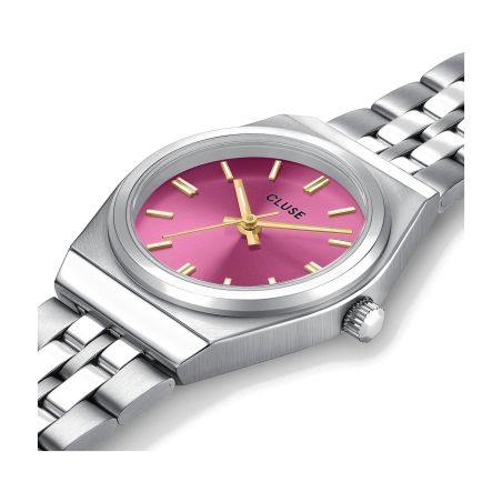 Montre femme cluse retro 70s mini ronde argentée cadran fuchsia aiguilles dorées cw16303 – montres tendances
