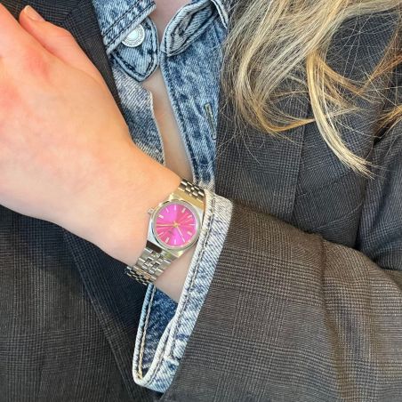 Montre femme cluse retro 70s mini ronde argentée cadran fuchsia aiguilles dorées cw16303 – montres tendances