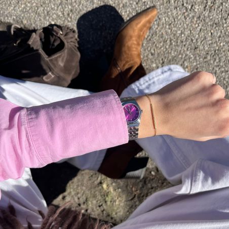Montre femme cluse retro 70s mini ronde argentée cadran fuchsia aiguilles dorées cw16303 – montres tendances