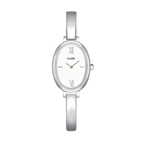 Montre Femme CLUSE L'Ovale Argentée Cadran Blanc Bracelet Jonc Acier Fin CW16102