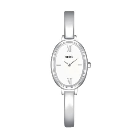 Montre femme cluse l'ovale argentée cadran blanc bracelet jonc acier fin cw16102 – montres tendances