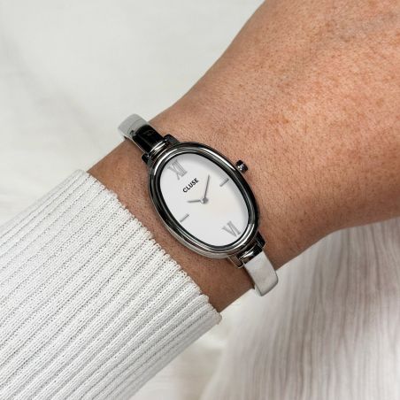 Montre Femme CLUSE L'Ovale Argentée Cadran Blanc Bracelet Jonc Acier Fin CW16102