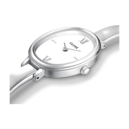Montre femme cluse l'ovale argentée cadran blanc bracelet jonc acier fin cw16102 – montres tendances