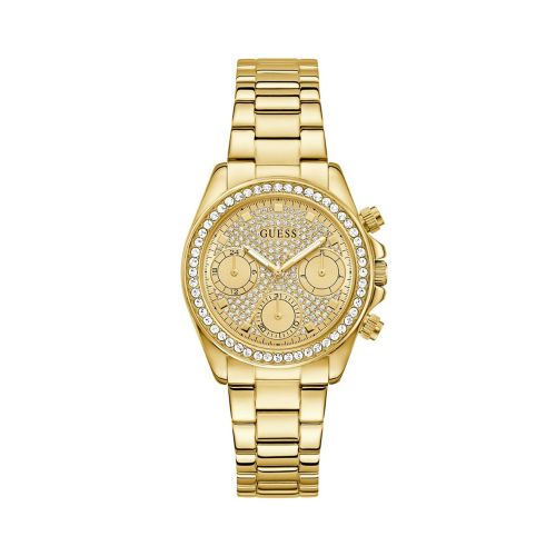Montre Femme GUESS Victoria Ronde 36 mm Dorée Multifonctions Cadran Champagne Strass Lunette Strass Bracelet Acier GW1037L2