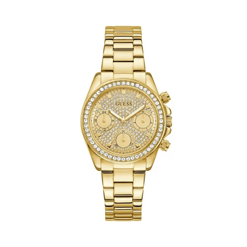 Montre Femme GUESS Victoria Ronde 36 mm Dorée Multifonctions Cadran Champagne Strass Lunette Strass Bracelet Acier GW1037L2