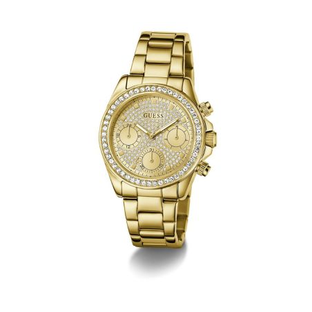 Montre femme guess victoria ronde 36 mm dorée multifonctions cadran champagne strass lunette strass bracelet acier gw1037l2 – montres tendances femme
