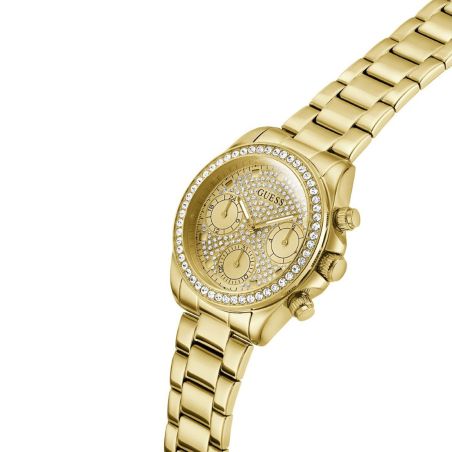 Montre femme guess victoria ronde 36 mm dorée multifonctions cadran champagne strass lunette strass bracelet acier gw1037l2 – montres tendances femme