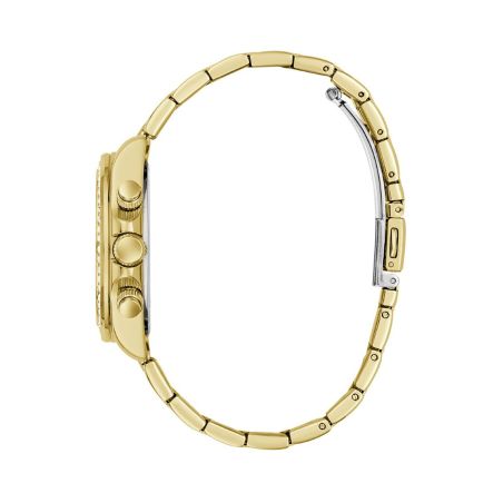 Montre femme guess victoria ronde 36 mm dorée multifonctions cadran champagne strass lunette strass bracelet acier gw1037l2 – montres tendances femme