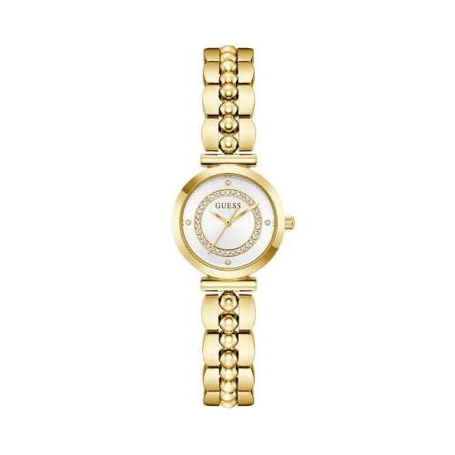 Montre Femme GUESS Leena Ronde 26 mm Dorée Cadran Blanc Index Strass Bracelet Acier GW0994L2
