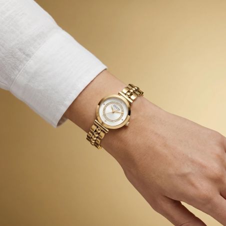 Montre Femme GUESS Leena Ronde 26 mm Dorée Cadran Blanc Index Strass Bracelet Acier GW0994L2