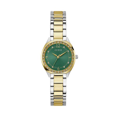 Montre Femme GUESS Charlotte Ronde 30 mm Bicolore Doré Argenté Cadran Vert Lunette Strass Bracelet Acier GW0767L4