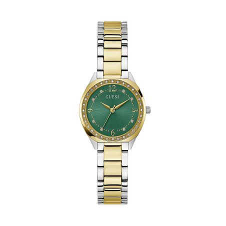 Montre femme guess charlotte ronde 30 mm bicolore doré argenté cadran vert lunette strass bracelet acier gw0767l4 – montres tendances femme