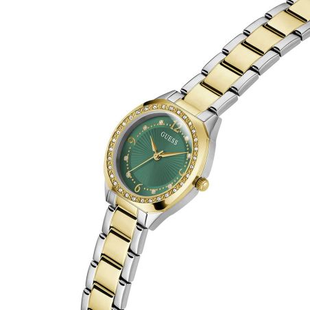 Montre femme guess charlotte ronde 30 mm bicolore doré argenté cadran vert lunette strass bracelet acier gw0767l4 – montres tendances femme