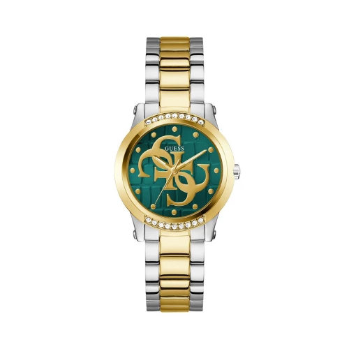 Montre Femme GUESS Annette Ronde 36 mm Bicolore Doré Argenté Cadran Vert Lunette Strass Bracelet Acier GW0861L4