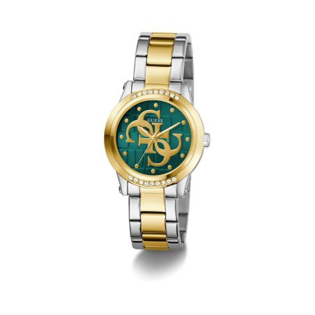 Montre femme guess annette ronde 36 mm bicolore doré argenté cadran vert lunette strass bracelet acier gw0861l4 – montres tendances femme