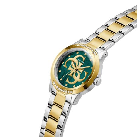 Montre femme guess annette ronde 36 mm bicolore doré argenté cadran vert lunette strass bracelet acier gw0861l4 – montres tendances femme
