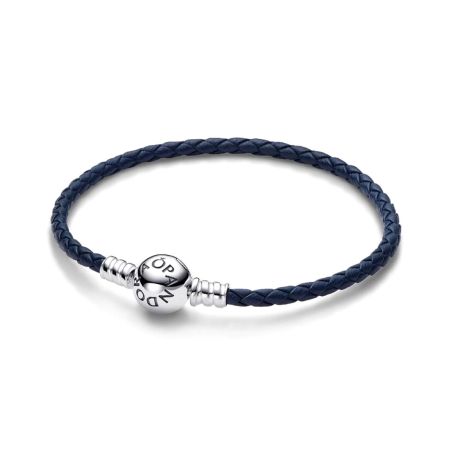 Bracelet femme pandora moments cuir tressé bleu fermoir rond 592790c01 – bracelets personnalisables