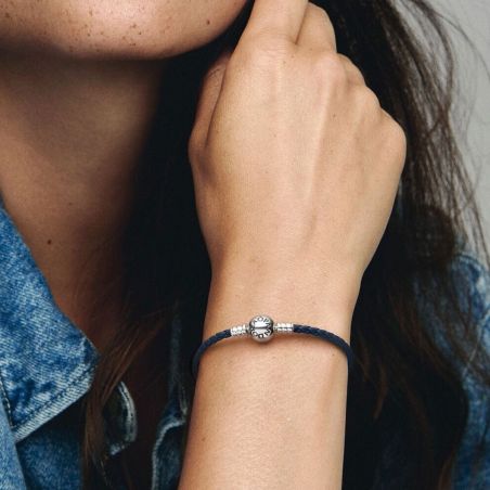 Bracelet Femme PANDORA Moments Cuir Tressé Bleu Fermoir Rond 592790C01