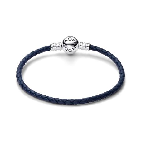 Bracelet femme pandora moments cuir tressé bleu fermoir rond 592790c01 – bracelets personnalisables