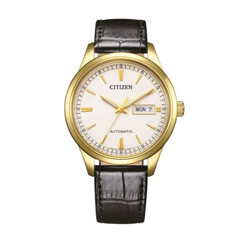 Montre Homme CITIZEN Mecha Gents Automatique Cadran Blanc Doré Plaqué Or NY4059-09AC