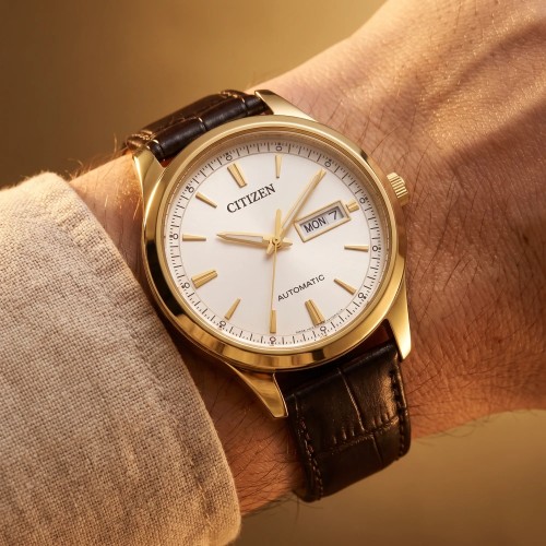 Montre Homme CITIZEN Mecha Gents Automatique Cadran Blanc Doré Plaqué Or NY4059-09AC