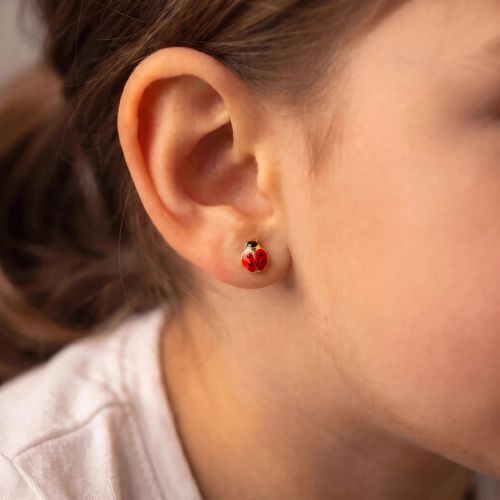 Boucles d'Oreilles Enfant Puces Coccinelles OR 750/1000 Jaune et Laque