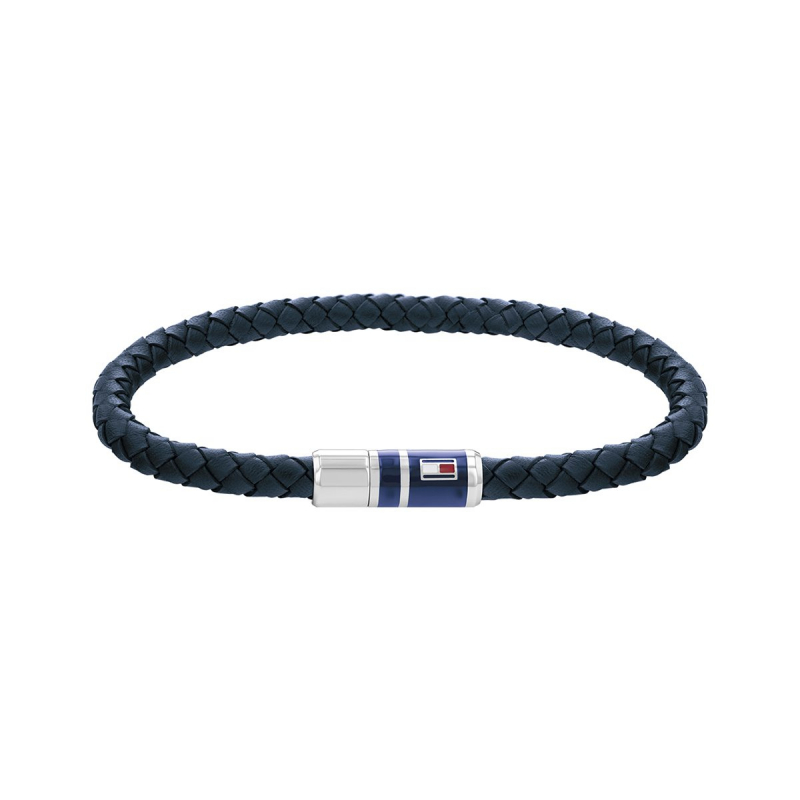 Bracelet homme torsadé tommy hilfiger acier argenté et cuir bleu - bracelets-acier - edora