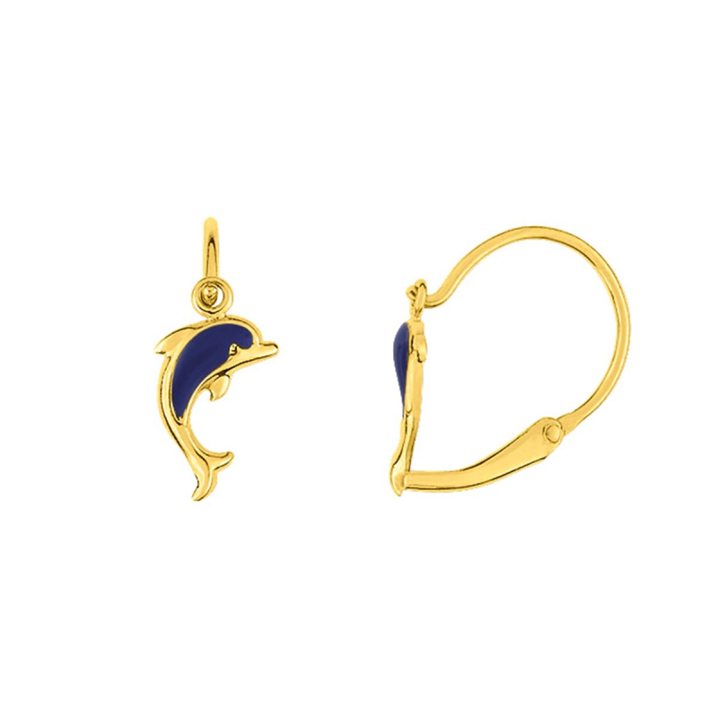 Boucles d'oreilles enfant dormeuses dauphins or 375/1000 jaune et laque -  boucles-d-oreilles-or