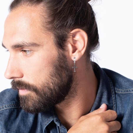 Boucles d'oreilles Homme Pendante Croix PHEBUS LEGEND Acier Laqué Noir