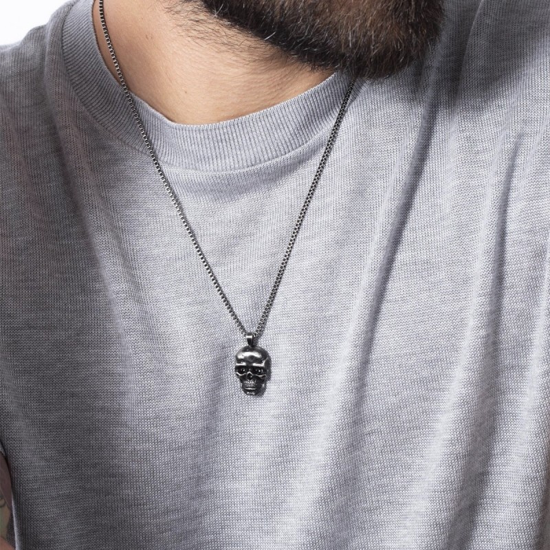 Collier Tête De Mort Homme - Pendentif Balle/casque Gothique - Acier Inoxydable Noir - Chaîne Réglable