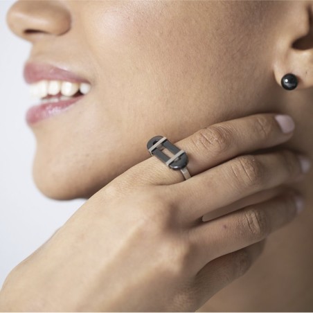 Bague Femme ACIER Argenté et Céramique noire