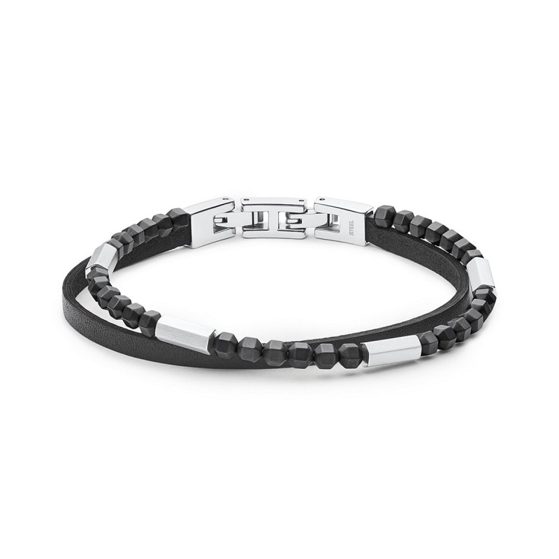 Bracelet homme fossil cuir noir et hématite - plus-de-bracelets-hommes -  edora