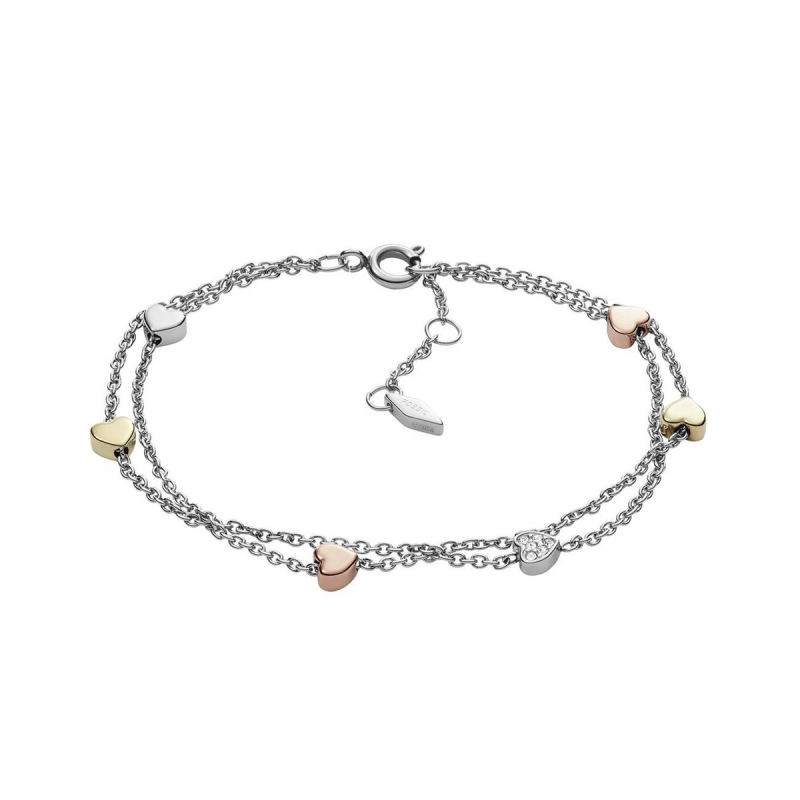 Bracelet femme double chaîne cœur fossil acier - bracelets-acier - edora