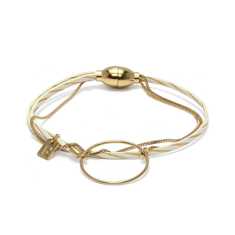 Bracelet femme nolah flower for zoe métal doré et cuir blanc et doré