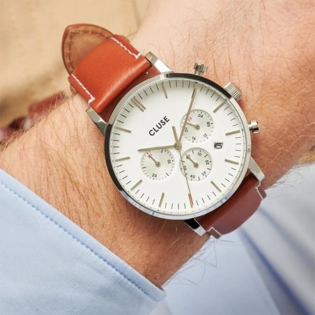Montre homme cluse aravis chrono leather silver – analogiques